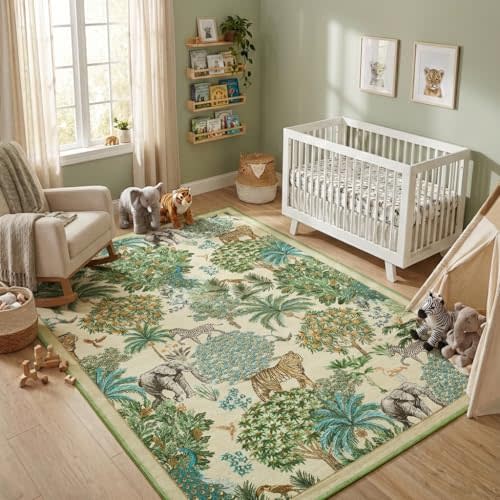 GarveeHome Jungle Animal Print Rug 6x9 Washable Area Rugs for Living Room, Forest Rug Non Slip Low Pile Stain Resistance Large Throw Carpet for Bedroom Dining Room Kids Playroom Nursery, Beige