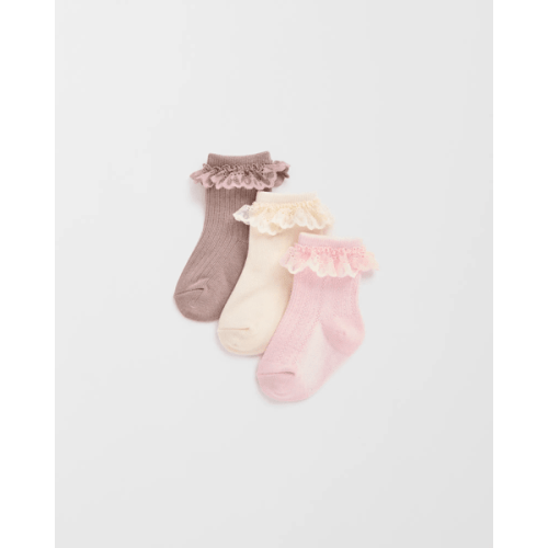 Baby Australian Cotton Blend 3 Pack Textured Lace Trim Socks - Pink/Cream/Brown