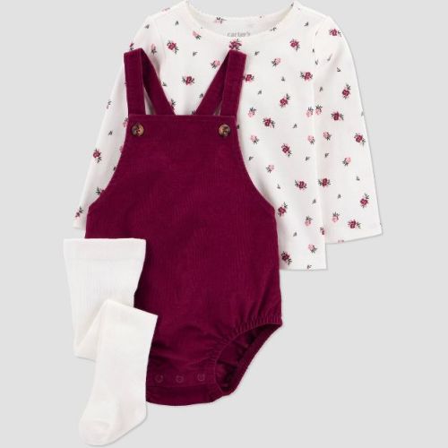 Carter's Just One You® Baby Girls' 3pc Floral Bubble Romper with Long Sleeve T-Shirt and Tights - Burgundy
