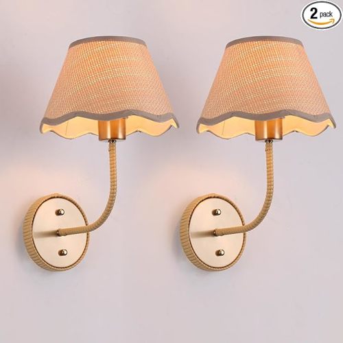 Juego de dos apliques de pared bohemios, lámpara de pared de ratán rústico de latón para montaje en pared, apliques de pared de cableado fijo, iluminación para dormitorio, sala de estar