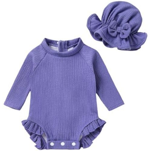 YOUNGER TREE Infant Baby Girls Swimsuit Long Sleeve Swimsuits One Piece Swimsuit Solid Color Bathing Suit with Hat, UPF 50+