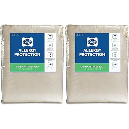 Sealy Organic Cotton Top Cooling Waterproof Fitted Toddler Bed and Baby Crib Mattress Pad Cover Protector, Noiseless, Machine Washable and Dryer Friendly, 52" x 28" - White (Pack of 2)