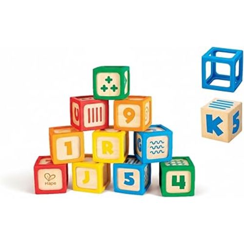 Hape Grip-n-Stack 10-Piece Wooden Building Blocks with Silicone Edges - Educational Alphabet & Number Stacking Toy for Toddlers and Babies - Fine Motor Skills & Sensory Play Set