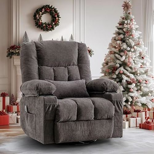 Power Swivel Recliner Chair with Rocking Function for Adults,Oversized Rocker Recliner with Side Pocket,2 Cup Holders for Living Room
