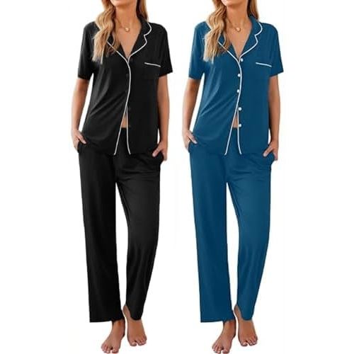 Ekouaer 2 Pack Womens Pajamas Sets Short Sleeve Pjs Button Up Sleepwear Set