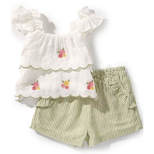 Rare Editions Baby Girls Flutter-Sleeve Embroidered Linen-Blend Top & Striped Linen-Blend Shorts Set