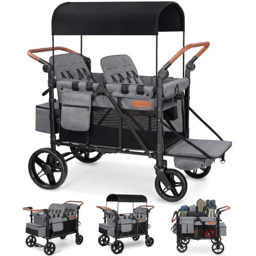 Vomeast Upgrade Wagon Stroller for 4 Kids, 4-Seater Outdoor Baby Stroller Wagon with Canopy, 5-Point Harness, Adjustable Handle(Grey)