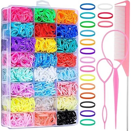 2000 Pcs Elastic Hair Rubber Bands for Girls, 24 Colors Small Girl Hair Ties Baby Hair Ties Elastic Rubber Bands with Hair Loop Styling Tool Hair Accessories for Toddler Baby Girl Hair