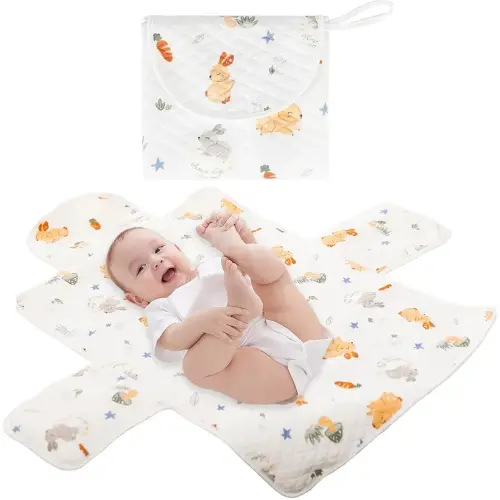 Pure Cotton Portable Diaper Changing Pad, Foldable Waterproof Infant Changing Pad with Wipes Pocket, Fit for Newborn Girl & Boy, Double-Sided Baby Diaper Changing Mat for Home Travel (Rabbit)