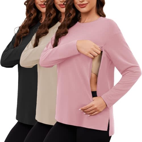 Ecavus Women's Nursing Tops Long Sleeve 3 Packs Hidden Zipper Nursing Shirts for Breastfeeding Side Split Maternity Clothes