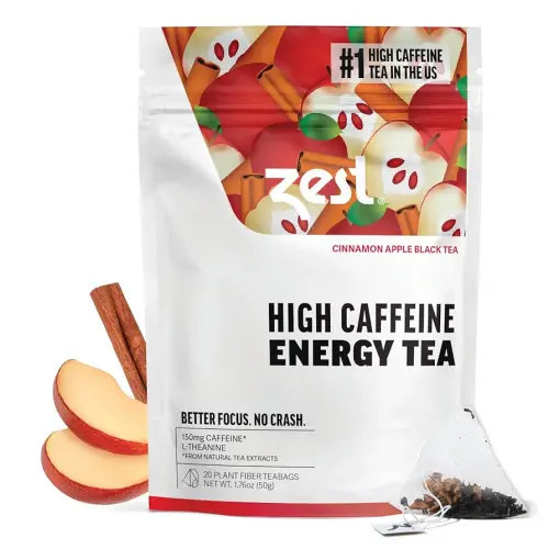 Zest Energy Tea - Cinnamon Apple Spice High Caffeine Black Tea Bags - Caffeinated Coffee Altnernative/Substitute - Natural, Non-GMO & Keto Friendly - Hot or Iced - 20Ct Pack - 150mg Caf
