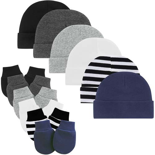 Zando Newborn Infant Beanie Set: Baby Hat and Mittens for Boys, 0-6 Months, 3 Pack