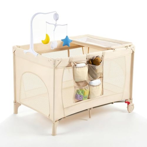 Pack and Play with Changing Table & Carry Bag, 4-in-1 Portable Crib Playpen for Newborn to Toddler, ASTM Certified Foldable Travel Crib with Bassinet(C-Cartoon)