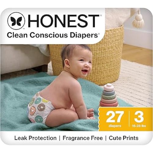 The Honest Company Clean Conscious Diapers for Sensitive Skin, Up to 100% Leakproof, Hypoallergenic, Fragrance Free, Donut Grow Up, Polybag, Size 3 (16-28 lbs), 27 Count
