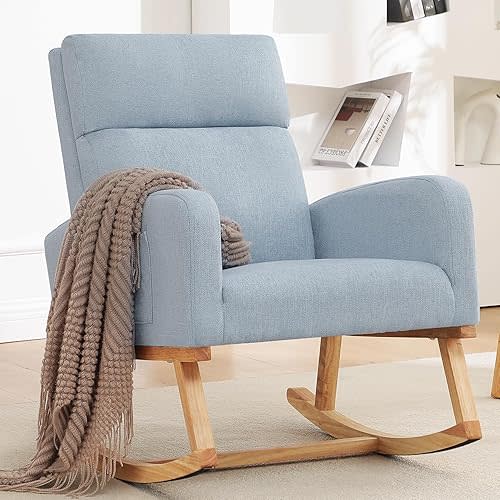 Rocking Chair Nursery - Modern Glider Accent Rocking Chairs Upholstered Linen Nursing Rocker Padded Armchair for Nursery Indoor Living Room Bedroom, Blue