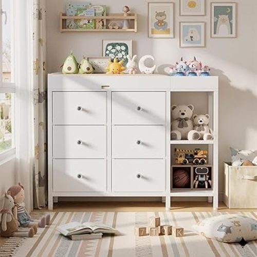 Changing Table Dresser,Baby Dressing Table with 6 Drawers and 2 Storage Shelves,Modern Diaper Changing Station for Children's Room,for The Nursery,White