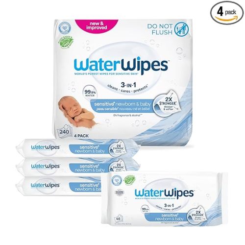 WaterWipes Sensitive+ Newborn & Baby Wipes, 3-In-1 Cleans, Cares, Protects, 99.9% Water, Unscented & Hypoallergenic, 240 Count (4 Packs)
