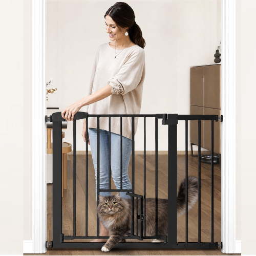 Pet Safety Gate, Caveen 29.5''-40.5''Wide Pet Safety Gate with Cat Door, Black