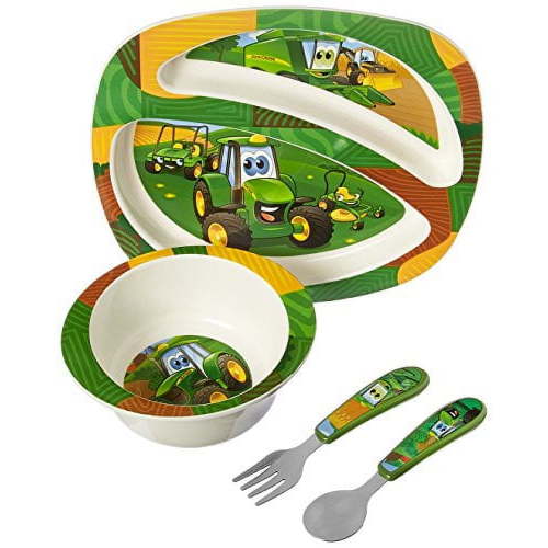The First Years John Deere's Johnny Tractor and Friends Dinnerware Set - Includes Toddler Plate, Toddler Bowl, Toddler Fork and Toddler Spoon - 4 Count John Deere 4 Piece Set