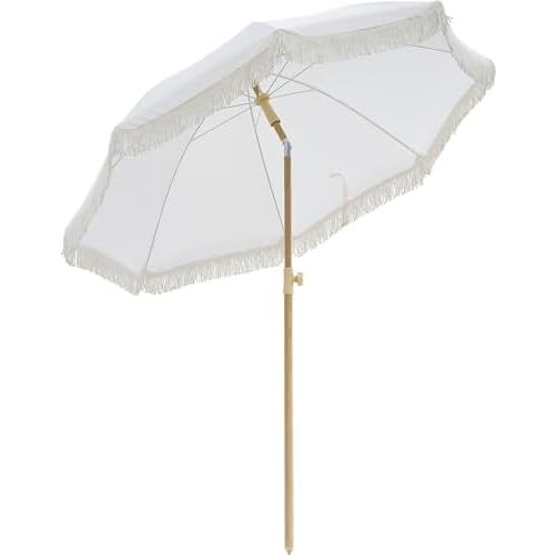 6.5FT Boho Patio Umberlla with Fringe,UPF50+ Outdoor Umbrella with Fiberglass Ribs and Push Button Tilt,Tassels Umbrella for Beach,Terrace,Picnic