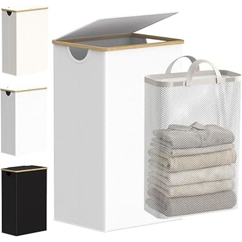 efluky Slim Laundry Hamper with Lid and Removable Bag, 100L White