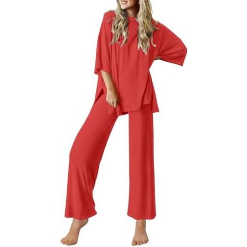 Ekouaer Lounge Sets for Women Short Sleeve Tops and Long Pants Soft Comfy Pajamas Set 2 Piece Outfits