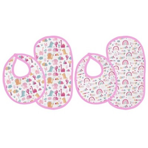 Bacati - Little Dino Girls Fucshia/Aqua Muslin 4 pc Bibs/Burpies