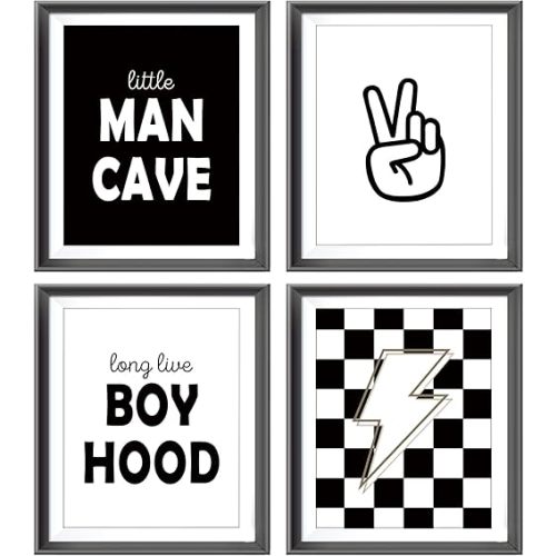 Little Man Cave Retro Preppy Checkered Lightning Peace Sign Long Live Boyhood Poster Prints for Boy Teen Room Dorm Decor, Preppy Black White Decorations Prints Wall Art Unframed 4pcs 8x10inches