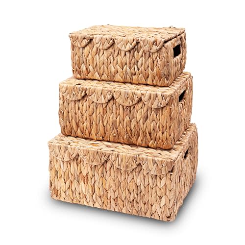 LUSYDECO Scalloped Edge Wicker Basket with Lid, Rectangle Wicker Storage Basket with Built-in Handles, Multipurpose Organizer Rattan Display Boxes for Shelf, Nursery Room, Set of 3