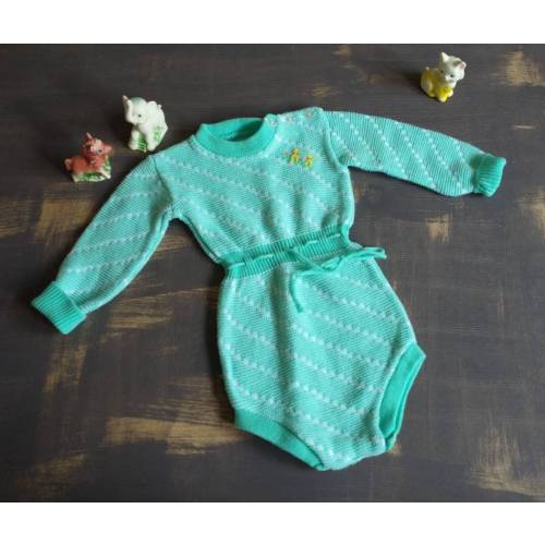 Vintage Baby Infant Romper One Piece Stretch Playsuit NOVELTY KNIT Made In JAPAN Green White Long Sleeve
