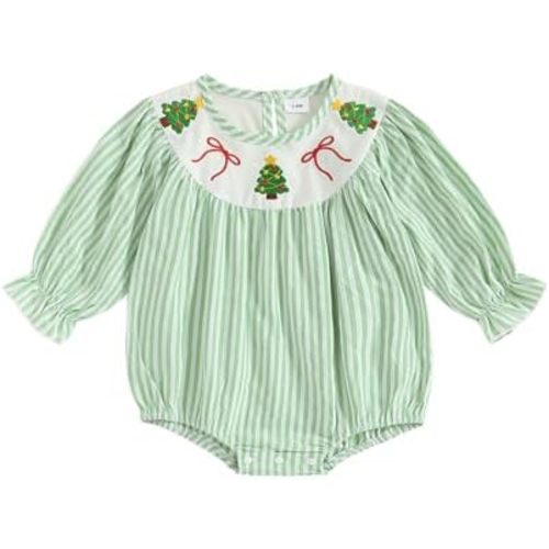 Smocked Romper Long Sleeve Striped Jumpsuit Christmas
