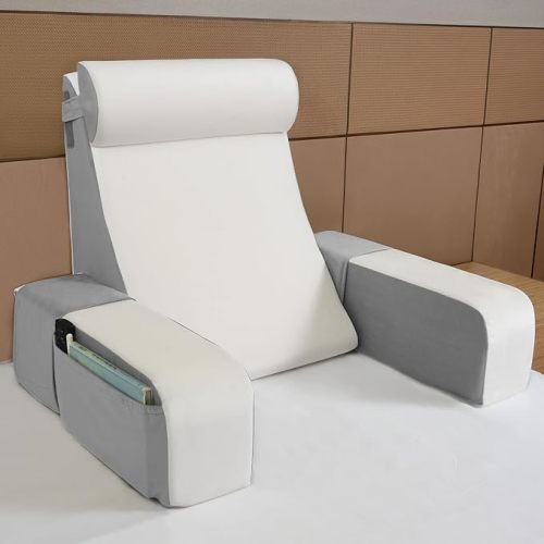Vekkia Reading Pillow with Adjustable Arms & Headrest – Zoned Foam Support, XL Side Pockets, Removable Cover, Back Support Chair for Reading, Gaming, Post-Surgery Recovery in Bed or Floor, 21"