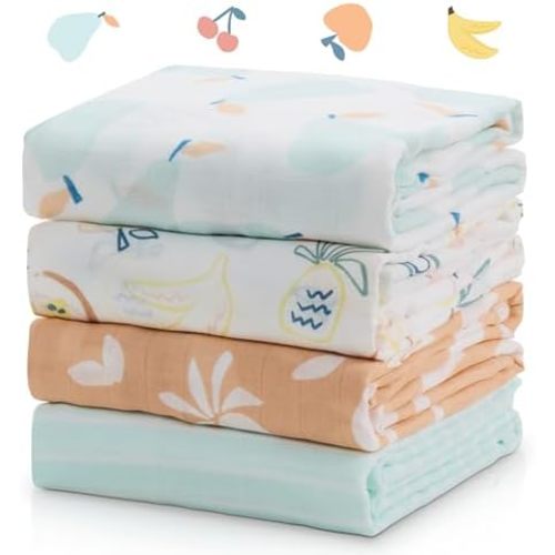 Momcozy Muslin Swaddle Blankets, 4-Pack, Large 47"x47" Fruits Party