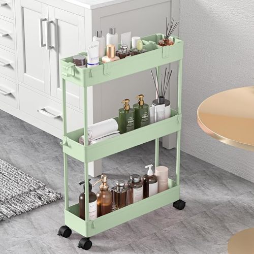 SPACELEAD Slim Storage Cart 3 Tier,Bathroom Organizer Rolling Utility, Mobile Shelving Unit Slide Out for Office, Kitchen, Laundry Room & Narrow Places,White