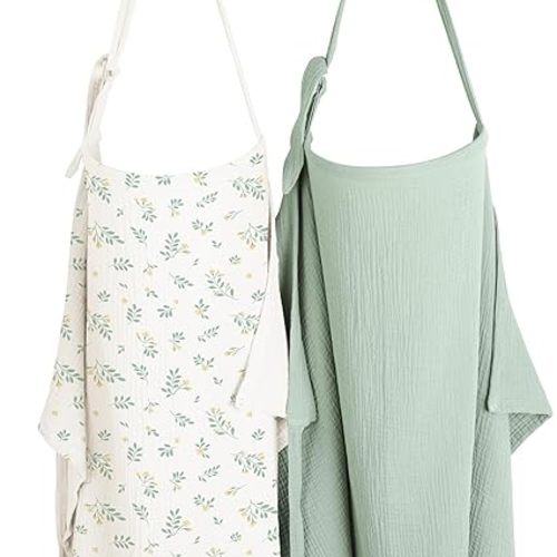 Konssy 2-Pack Muslin Nursing Cover Up for Breastfeeding Moms with Rigid Hoop, 100% Cotton, Lightweight & Breathable Breastfeeding Cover, Adjustable & Comfort