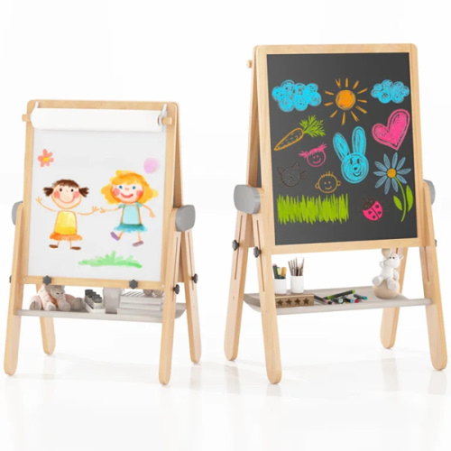 Wood Folding Art Easel for Kids, Double-sided Magnetic Whiteboard & Chalkboard, Adjustable Height Wooden Drawing Board, Educational Gift for Boys and Girls