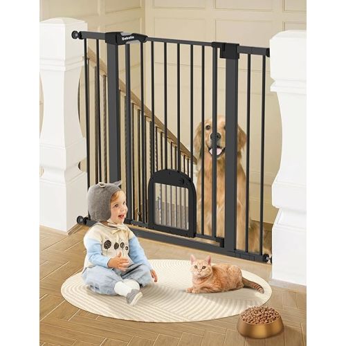 Babelio 36" Tall Upgraded Baby Gate with Cat Door,29-43" Auto Close Durable Dog Gate for Stairs,Doorways and House,Easy Walk Thru,Includes 4 Wall Cups,Black