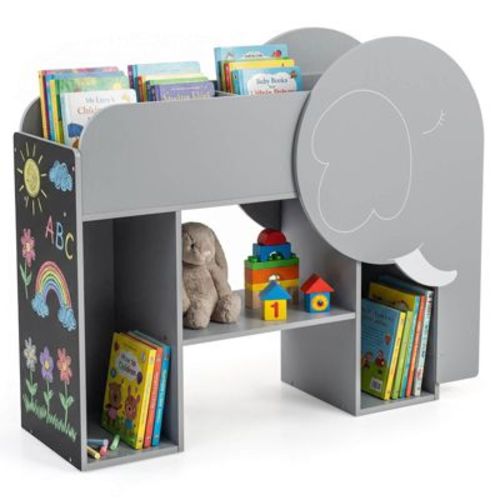 Costway Montessori Bookshelf with Elephant Shape, Chalkboard, 5 Cubbies, 3-Row Abacus Toy