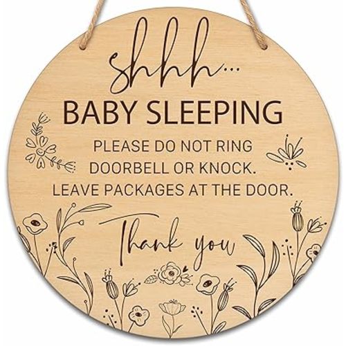 valucise Baby Sleeping Sign for Front Door, Do Not Knock or Ring Doorbell Round Hanging Sign With Rope, Rustic Wooden Baby Bedroom Nursery Home Front Door Porch, New Mom Gifts, B(05)