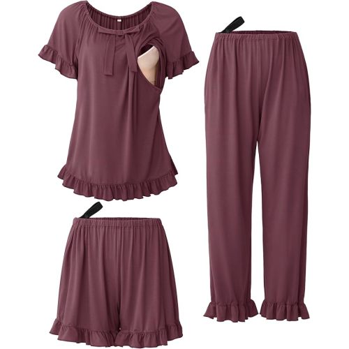 SUNNYBUY 3Pcs Ruffle Trim Postpartum Nursing Pajamas Set with Bowknot, Maternity Breastfeeding PJS Pregnancy Sleepwear