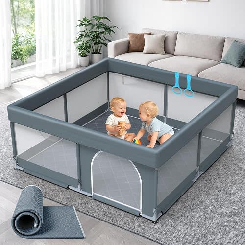 47x47 Baby Playpen with Mat - Grey Play Yard for Babies and Toddlers - Indoor & Outdoor Soft Mesh Safety Fence with Pull Up Rings & External Zipper Door
