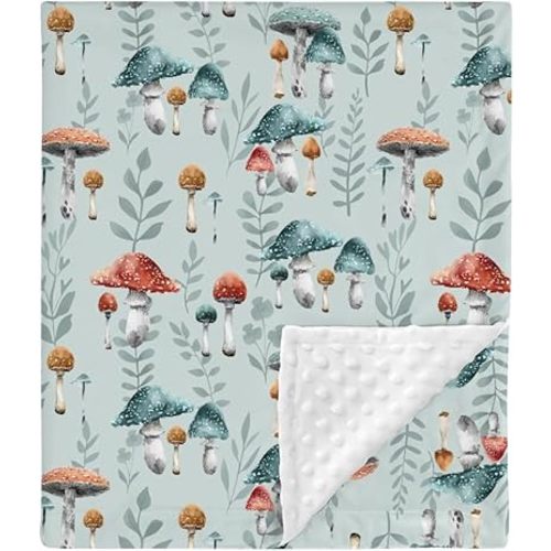HawSkgFub Boho Mushroom Forest Mink Baby Blankets Dotted Backing Boy Girl Shower Gift, Blue Magic Plant Double Layer Nursery Receiving Swaddle, Soft Newborn Infant Toddler Bed Crib Bedding 30 x 40