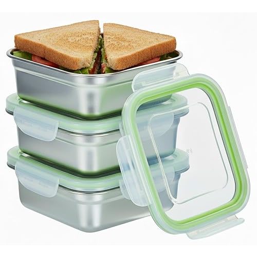 Set of 3 Stainless Steel Sandwich Containers - Food Grade Metal Base with a BPA Free, Leakproof & Airtight Sealed Lid. Great for Sandwiches, Snacks, Meal Prep & Food Storage - Sandwich Box.