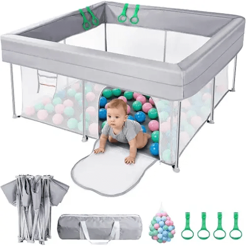 Desque Foldable Baby Playpen, Multiple Sizes and Colors (Grey, 50x50 Inch) | Play Mat, Mesh Sides, 50 Balls, 4 Pull-Up Rings, Carry Bag, Indoor Outdoor Use, Anti-Slip, Easy to Store