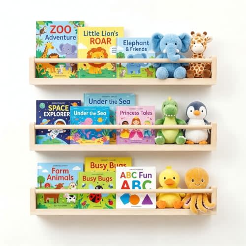 Set of 3 Kids Floating Bookshelves Natural – 24 Inch Wall Mounted Nursery Book Shelves with Safety Rail – Ideal Storage & Display Shelf for Nursery, Bedroom, and Playroom