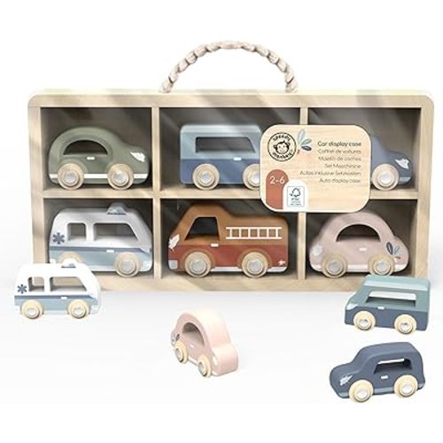 SPEEDY MONKEY Wooden Toy Cars Set – 6 Colorful Little Vehicles in Wooden Case for Kids – FSC Certified Pretend Play Car Set for Boys & Girls, Toddlers Wheels Toys Includes Fire Brigade, Ambulance