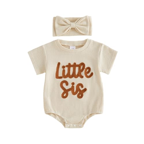 Infant Baby Girl Summer Outfit Short Sleeve Little Sister Lil Sis Bubble Romper Jumpsuits Newborn Waffle Clothes