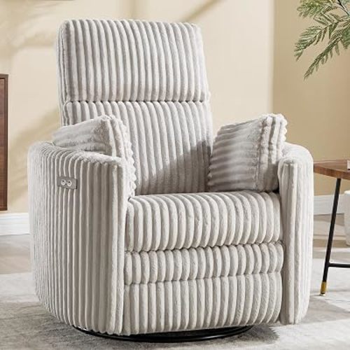 Power Recliner Nursery Swivel Rocking Glider Chair,Upholstered Adult Recliner Nursing Rocker Chair with USB Port with 2 Pillows for Nursery Living Room Bedroom(Lightgrey Corduroy,Power-Driven)