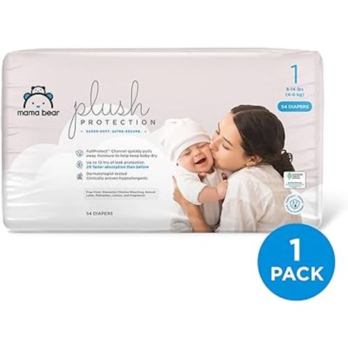 Amazon Brand - Mama Bear Plush Protection Diapers - Size 1, 54 Count, Hypoallergenic Premium Disposable Baby Diapers