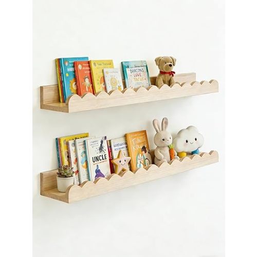Scalloped Shelves for Nursery - Wall Book Shelves for Kids Room, Nursery Bookshelf for Wall Set of 2, Floating Book Shelves Wood, 20 Inches, Large